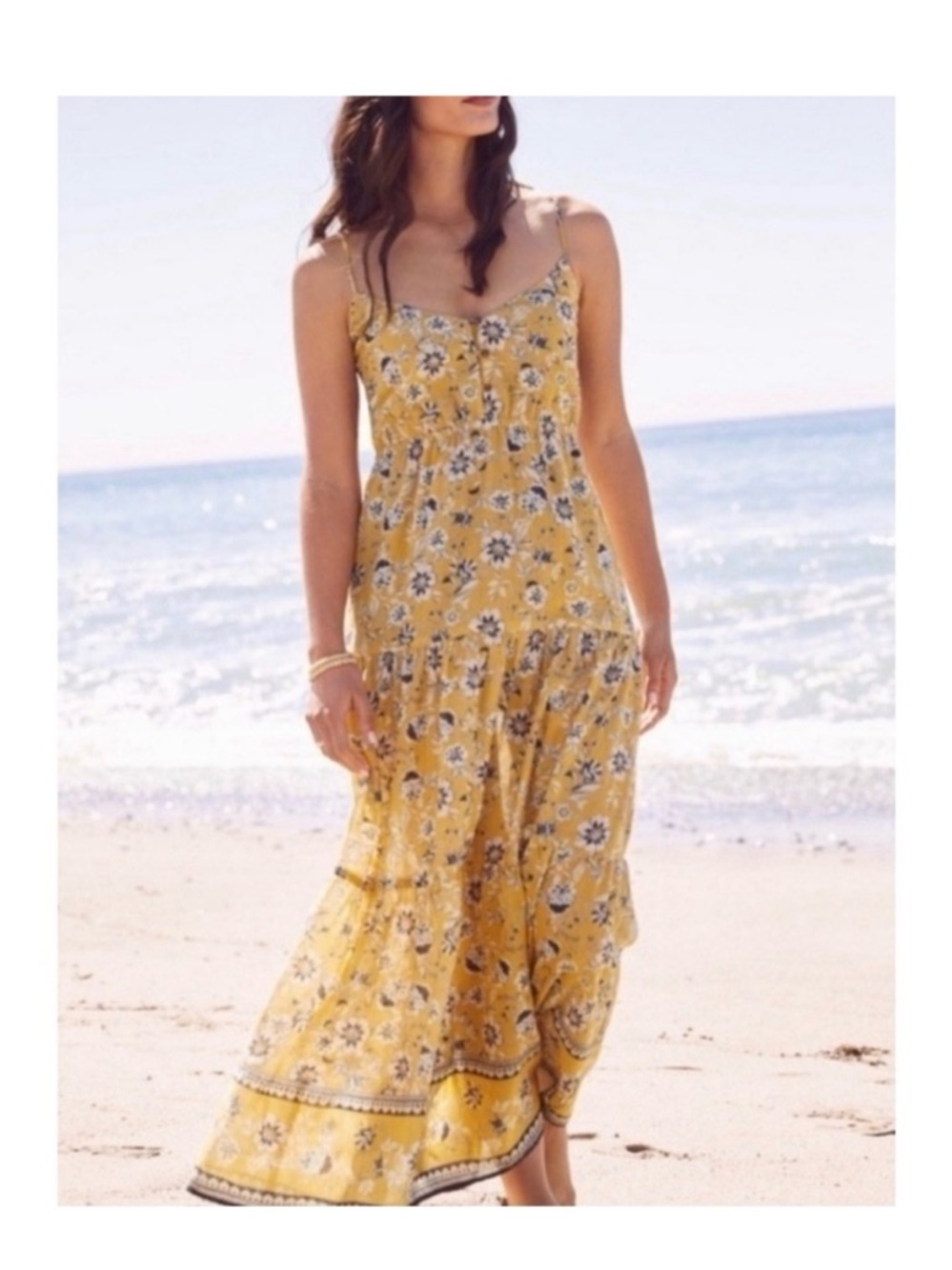 Evereve Collette Floral Maxi Dress Yellow Boho Tiered Sundress NWT Medium